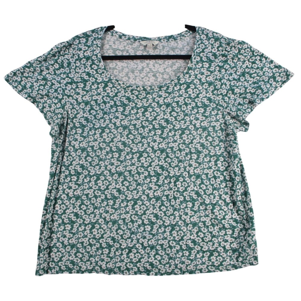 Lucky Brand Womens XL Green Floral Print Short Sleeve Scoop Neck Knit Tee Top